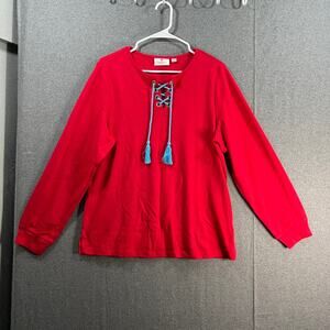 Quacker Factory Criss Cross Tassel The Puff Sleeve Top Red Size Medium